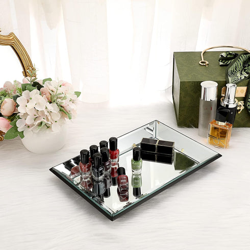 Hipiwe 11.9x7.9 inch Glass Mirror Makeup Vanity Tray Black Rectangle Perfume Jewelry Trinket Organizer Coffee Table