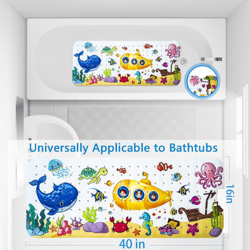 40x16 inches, 200 40 16in) Kids Bath Mat with Ocean Theme Design, Non-Slip with Suction Cups, Cartoon Sea Animals