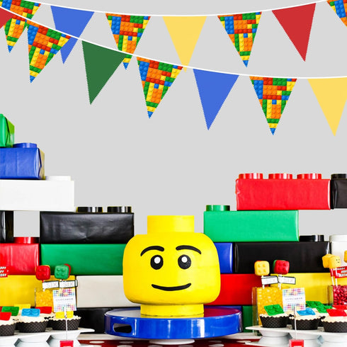 32Ft Building Block Party Decorations Red Blue Yellow Green Colorful Building Block Triangle Flag Pennant Bunting