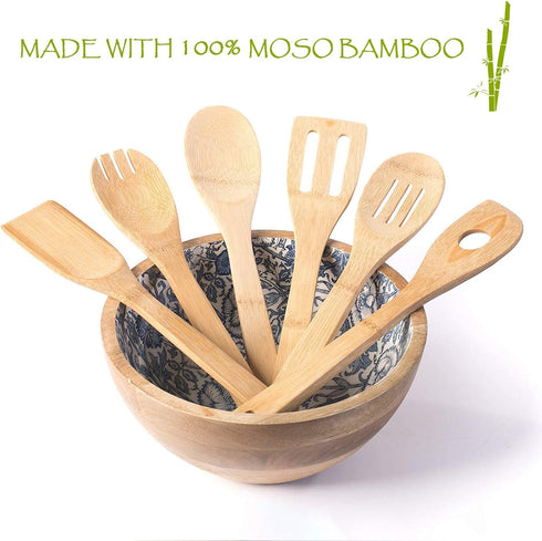 Huji Bamboo Wooden Spoons Set - Wooden Spatula Spoon for Cooking - Nonstick Kitchen Utensils