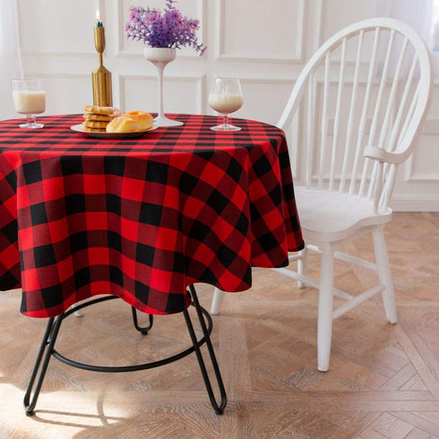 Buffalo Check Christmas Round Tablecloth - Cotton Linen Plaid Cover for 60 Inch Round Table Decoration