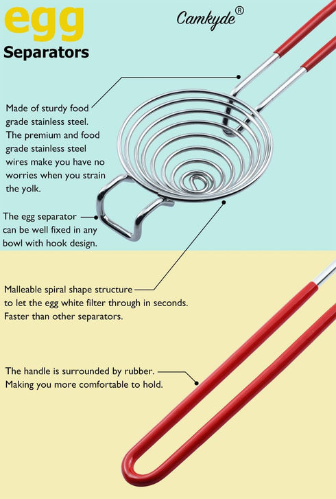 CAMKYDE Food Grade Stainless Steel Egg Separator Tool, Set of 2 (Red)