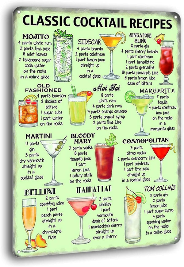 Vintage Tin Sign Classic Cocktail Recipes Bar Club Man Cave Pub Metal Wall Decor 8 x 12 Inches