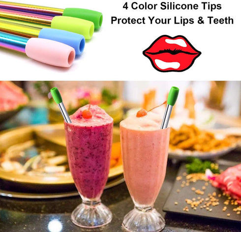 Boba Straws Reusable Metal Smoothies Jumbo Bubble Tea Straws with Silicone Tips Carry Bag (4 Pack)