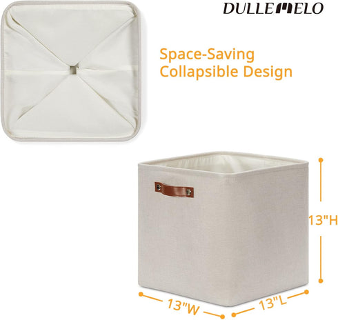 DULLEMELO Storage Bins, 4 Pack of 13x13x13 Decorative Cube Bins with Leather Handle (Beige)