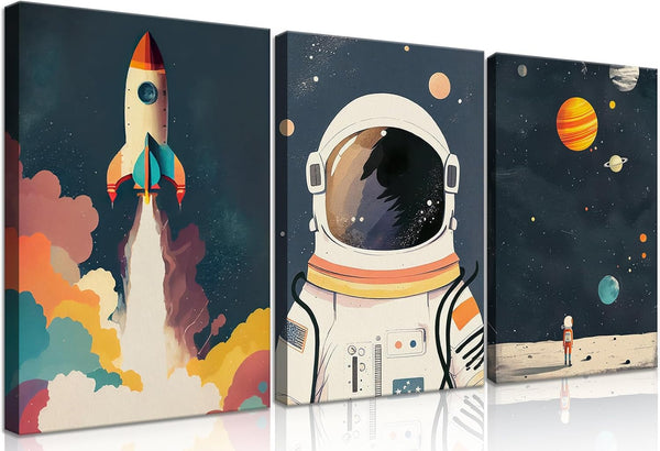XLXARTQN 3Pcs Astronaut Wall art Nursery Space Adventure Posters Prints Rocketship Wall Decor