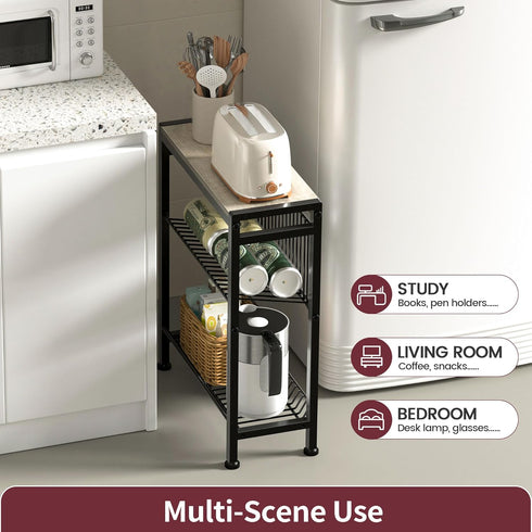 3-Tier Narrow Side Table for Small Space, End Table with Magazine Holder, Slim Nightstand with Wire Shelf, Skinny