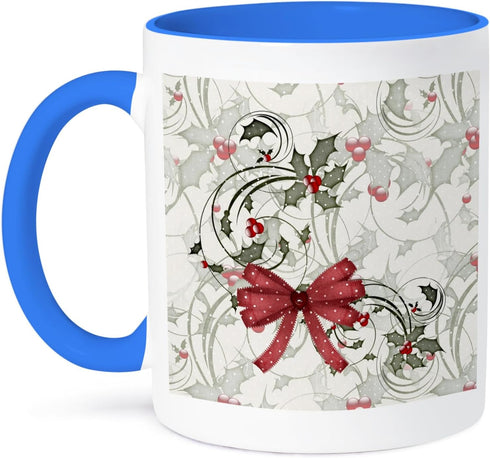 3dRose Elegant Christmas Holly and Berries Pattern Mug - Two Tone, 11 oz, Blue