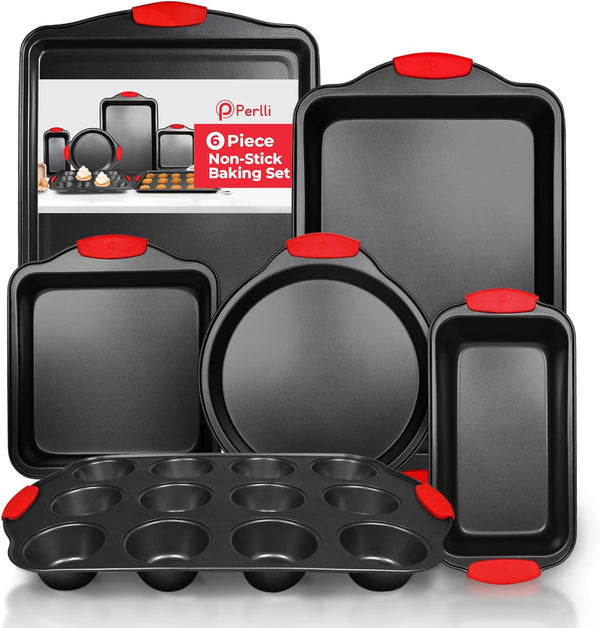PERLLI 6-Piece Non-Stick Baking Pan Set, BPA-Free Carbon Steel Bakeware with Silicone Handles