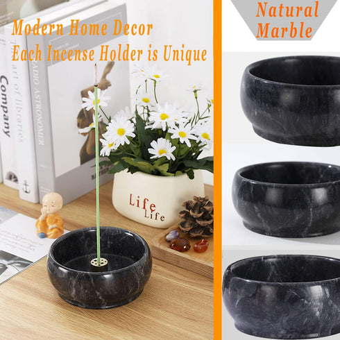 Incense Holder, Brass 9 Holes Incense Burner Ash Catcher for Home Decor, Yoga Spa Meditation (Natural Black Marble)