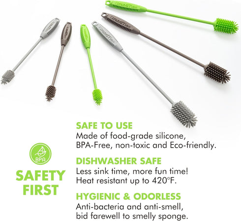 GrandTies Silicone Bottle Cleaning Brush Set: Extra Long Brush for Narrow Neck Bottles, Cups, and Mugs (Fresh Mint)