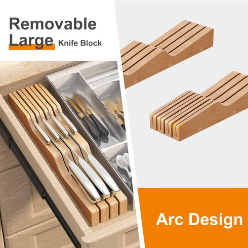 In-Drawer Knife Block Organizer, Bamboo Wood Drawer Knife Organizer Holds Up To 7 Knives