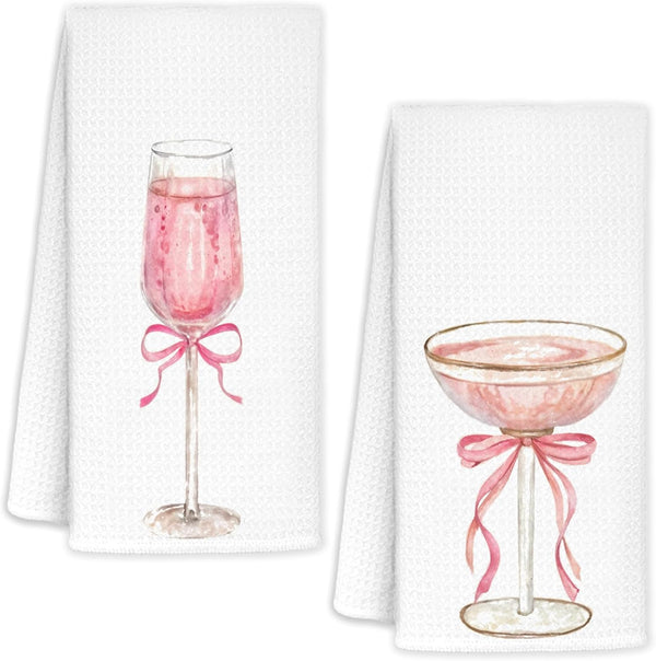 AQYIP Pink Bow Champagne Kitchen Towels, Coquette Pink Kitchen Decor, Alcohol Gifts Hand