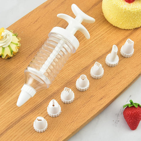 1Pc White Pipe Nozzles with Syringe, 8pcs Plastic Cream Baking Piping Nozzle Dispenser for Decorating
