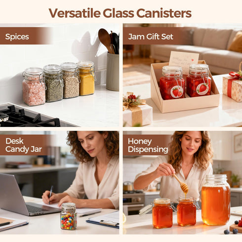Set 12 (8 Oz), ComSaf of Square Glass Jars with Airtight Lids Pantry Canisters for Spices, Jams, & Herbs, Wire Clamp