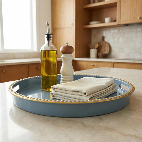 Counter, Room,(13") Blue Decorative Tray for Coffee Table, Round Beaded Plastic Serving Tray forKitchen Ottoman, Living
