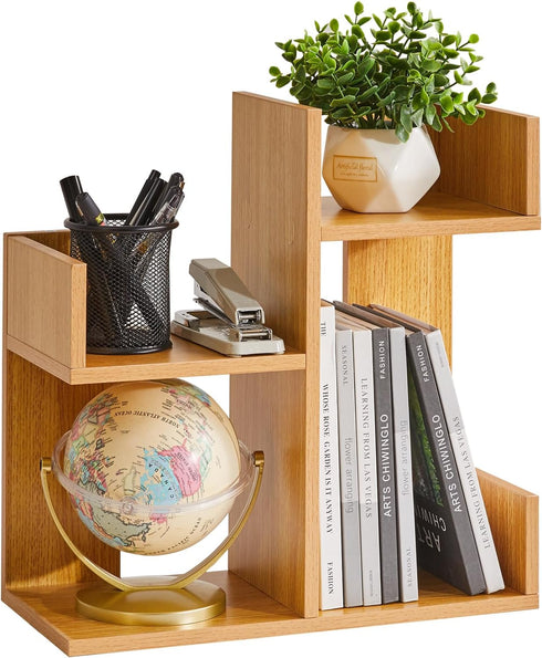 Short Bookshelf Small Desk Organizer - Unique Cactus Bookcase for Book Display and Small Plant Stand, Natural Wood Color