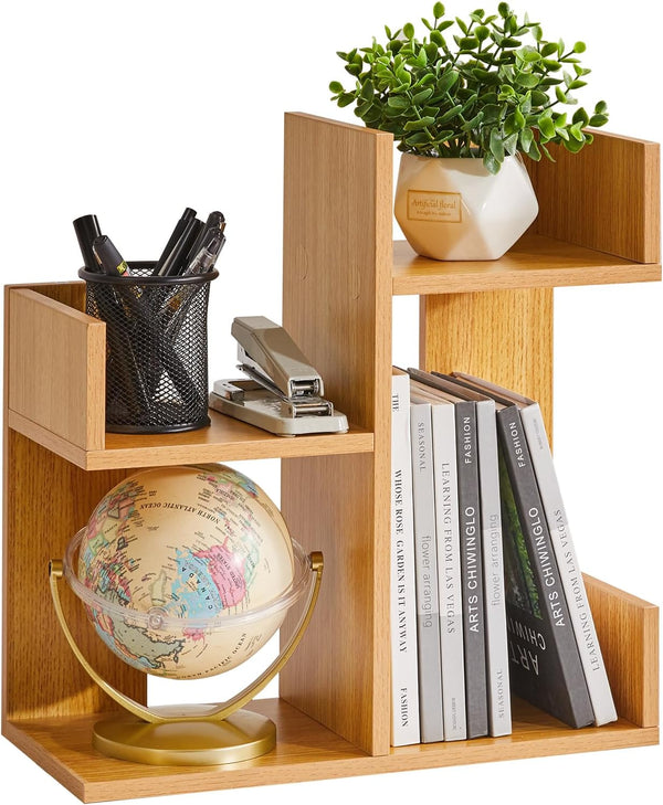 Short Bookshelf Small Desk Organizer - Unique Cactus Bookcase for Book Display and Small Plant Stand, Natural Wood Color