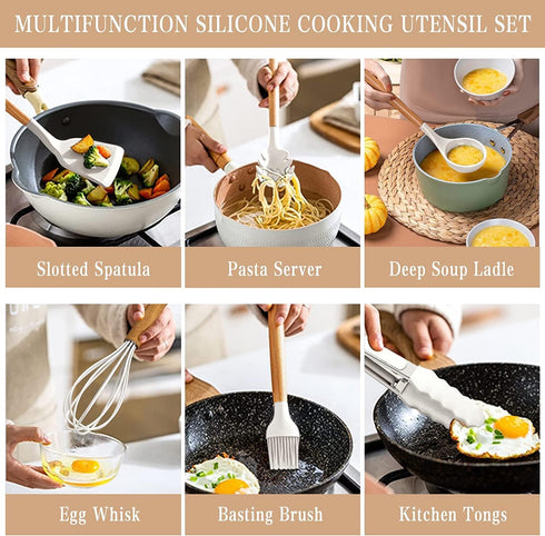 Kitchen Utensils Set, 33 pcs Non-Stick Silicone Cooking Utensils, Heat-Resistant Wooden Gadgets for Cooking, White