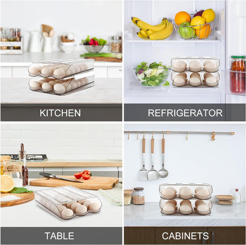 Egg Holder, Automatically Rolling Egg Storage Container for Refrigerator, Large Capacity Organizer with Lid, Clear