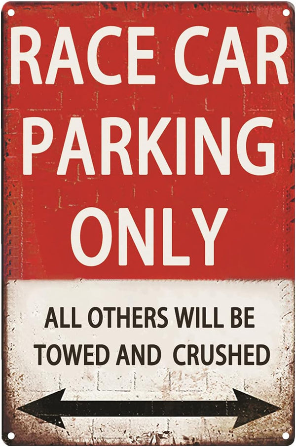 Race Car Room Decor for Boys, Vintage Car Metal Tin Signs for Bedroom and Garage, Race Car Parking Only 8x12 Inch