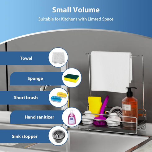 KABUM 304 4 Countertop 304 Stainless Steel Sponge Holder with Towel Rack for Kitchen Sink, Sink Caddy with Non-Slip