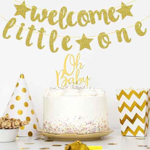 Welcome Little One Glitter Banner, Pre-strung Baby Shower Decor for Gender Reveal Party (Gold)