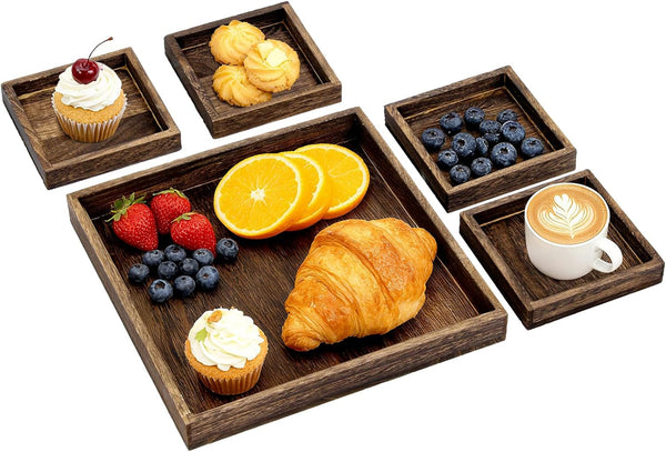 5-Piece Rustic Wooden Serving Tray Set, Handcrafted Nesting Trays with Handles for
