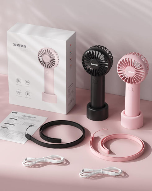 2-Pack Handheld Fan Portable Fan for Travel, 3 Speeds Mini Battery Operated Fan with Base Lanyard, Pink+Black