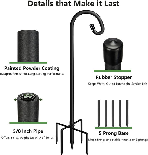 61 Inch 5 Hummingbird Shepherds Hooks for Outdoor Heavy Duty, Adjustable Bird Feeder Pole with Prong Base, Feeder Stand