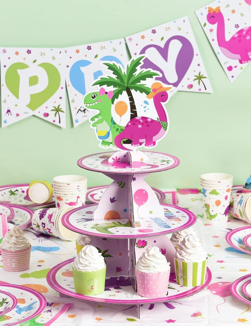 WERNNSAI Dinosaur Cupcake Stand - 3-Tier Pink Dinosaur Birthday Party Decorations for Girls, Cardboard Dessert Tower