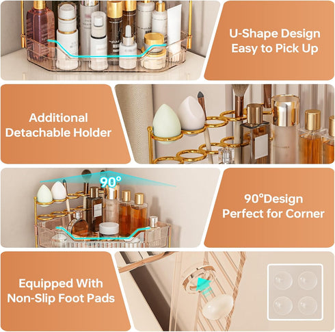 Counter Countertop, 3-Tier) Corner Bathroom Organizer with Makeup Brush Holder & Toothbrush Holders, Makeup Organizer