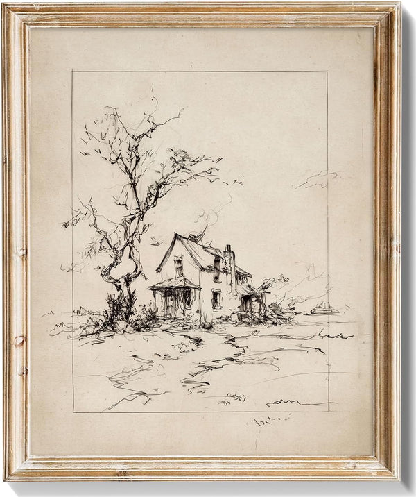 RETRART Vintage Country House Ink Sketch Print Rustic Farmhouse Wall Art, Neutral