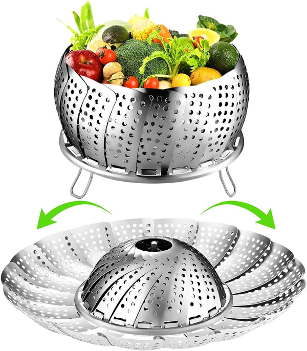 Vegetable Steamer Basket - Stainless Steel Veggie Fish Food Steamer, Folding Expandable for Various Pots