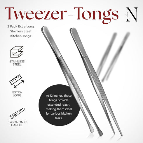 Namre' Tweezer Tongs for Cooking -Plating Tweezers - 2 Pack Stainless Steel Cooking Tongs - Thin Chopstick Tongs - Precise & Strong Chef Tweezers for Food & Small Objects - 12 Inch - (Silver)