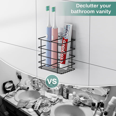 Adhesive Toothbrush Holder Wall Mounted, Suction Toothpaste Organizer Cup for Shower, Razor Holder Caddy Tray Storage Stand with Drainage, Black Restroom Bathroom Accessories and Decor