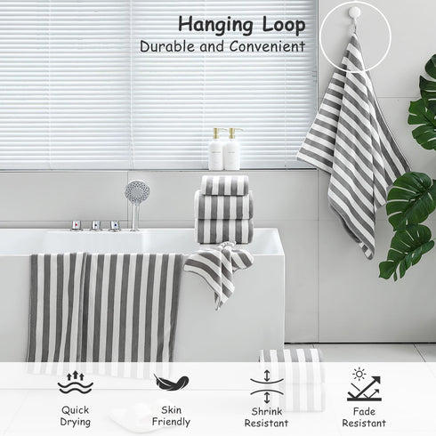 18 Set Loop-6 Towels,6 Towels,6 Set Pcs Light Gray Stripe Bath Towel with Hanging Bath Hand Washcloths Soft Family
