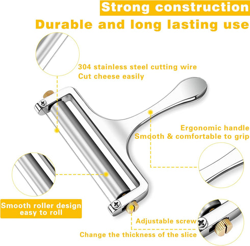 TOPULORS Wire Cheese Slicer, Stainless Steel Handheld Cheese Cutter for Mozzarella, Cheddar, Gruyere, with 1 Extra Wire