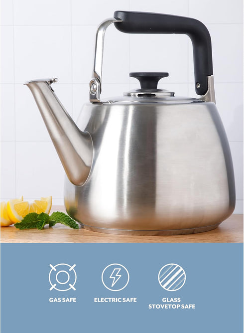 2 Sur La Table Kitchen Essentials Qt Heavy Gauge Brushed Stainless Steel Whistling Tea Kettle Durable Stovetop Kettle