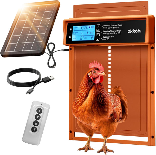 Okkobi Automatic Chicken Coop Door Solar Powered - LCD Display - Chicken