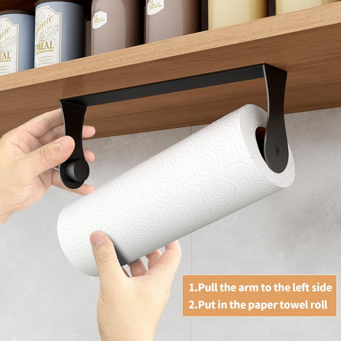Paper Towel Holder Under Cabinet, Stainless Steel, Wall Mount, Black Adhesive Paper Roll Holder for Kitchen