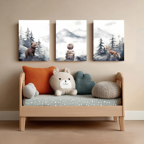 kilamino 12"x16"x3 Neutral Woodland Wild Animal Wall Art, Cute Bear Fox Nursery Wall Decor, Adventure Boy Poster