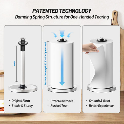 VEHHE Paper Towel Holder Countertop with Unique Damping Spring Structure for One-handed Tearing, Stainless Steel Paper Towel Holder with Weighted Base and Suction Cups for Kitchen Bathroom