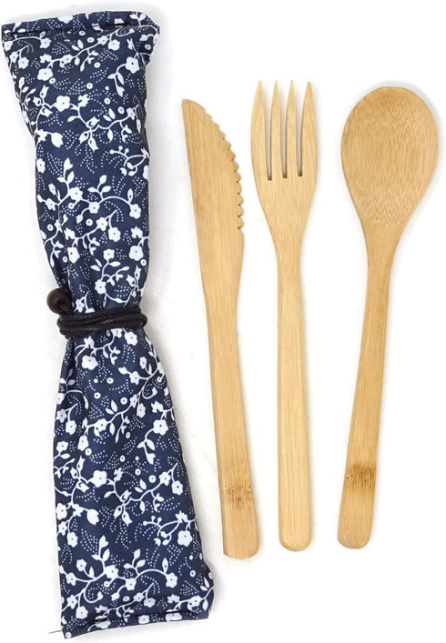 Honbay 3PCS Japanese Style Eco-friendly Bamboo Flatware Set, Reusable Utensils with Retro Pouch - Spoon, Fork, Knife