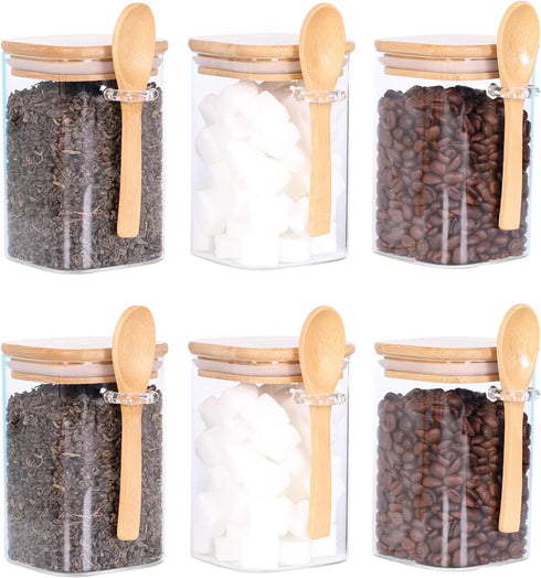 Glass Jar with Bamboo Lid and Spoon,Set of 6 Square 17 OZ
