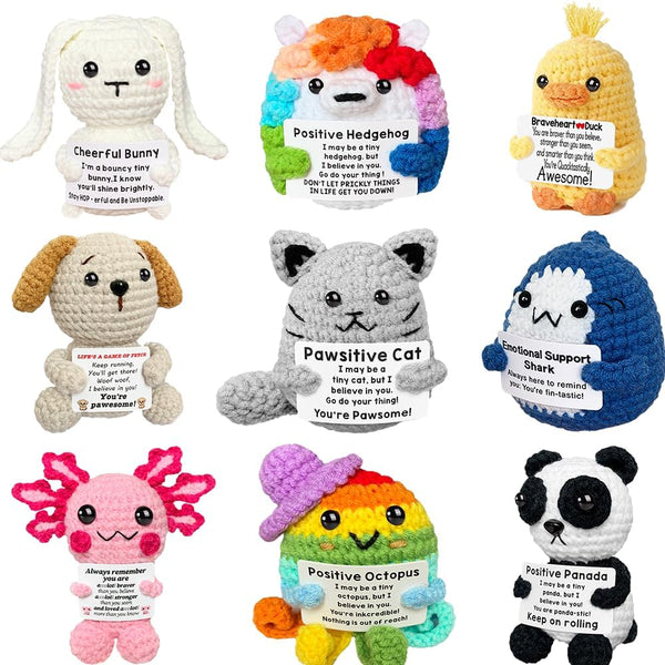AicooFest 9pcs Positive Crochet Animals Emotional Support Plushies with Messages Positive Cat Bunny