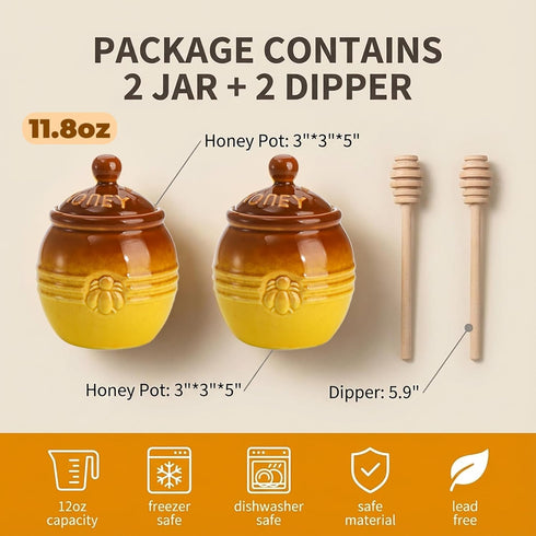 2 Pack 12 Oz Hiceeden Ceramic Honey Pot with Dipper and Lid, Yellow Honey Jar Bee Embossed Honey Storage Container