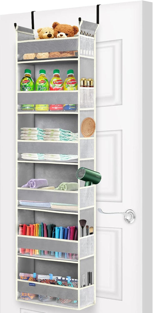 Over The Door Hanging Organizer with 6-Shelves and 12 Side Pockets for Bathroom and Bedroom, Grey