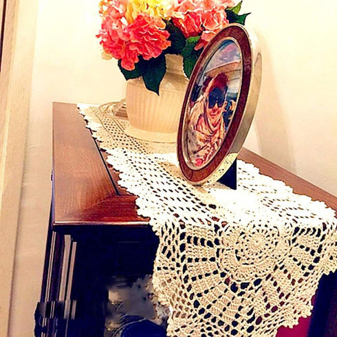 Hetao 12x35 100% Cotton Handmade Crochet Lace Table Runners, Oblong Tablecloth Doilies, Beige