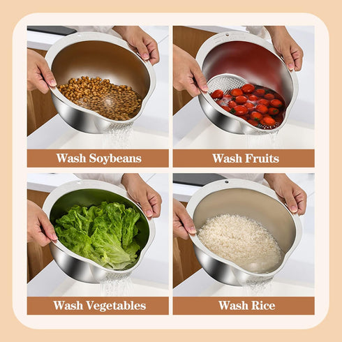 Rice Washer Strainer Bowl: 4-in-1 Washing Bowl for Quinoa, Stainless Steel Rinser for Cleaning Fruits and Vegetables